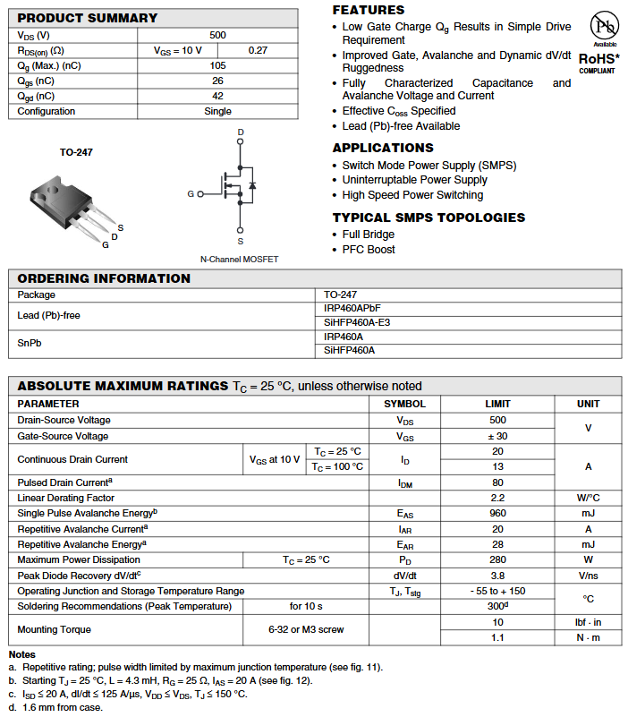 Linh kiện IRFP460A DIP TO-247 500V 20A kênh N