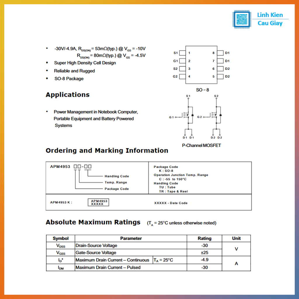 Linh kiện Mosfet APM4953 4953 Chân dán SOP23 (SL:5 chiếc)