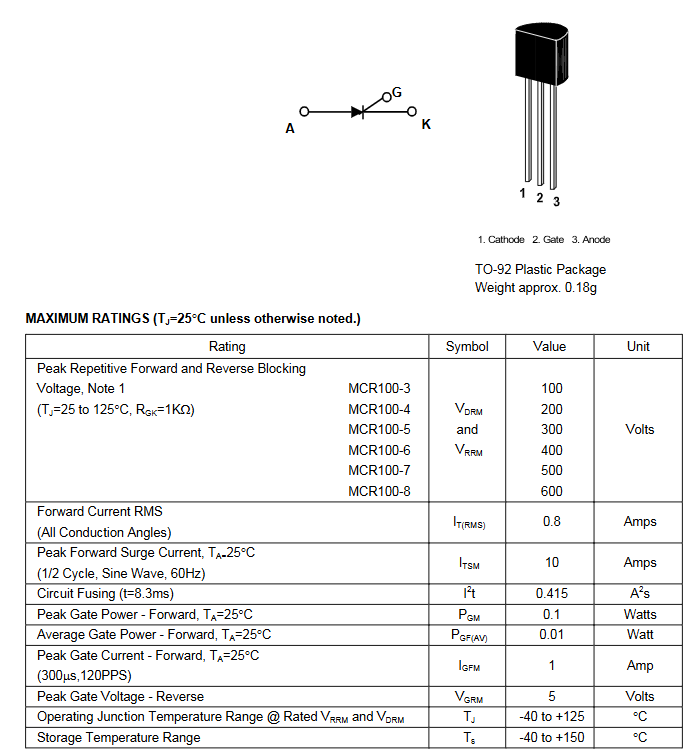 Linh kiện Thyristor MCR100-6 Chân cắm TO92 (SL: 5 chiếc)