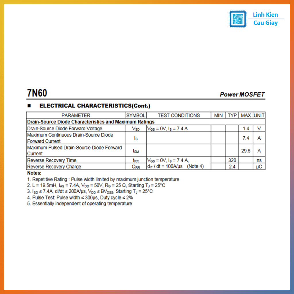 Linh kiện MOSFET 7N60 TO-252 600V kênh N