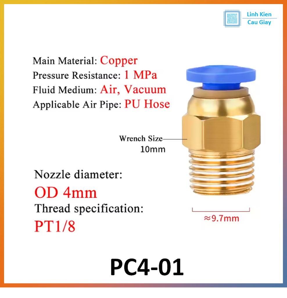 Đầu nối hơi nhanh ống Phi 4 PC4 bằng đồng