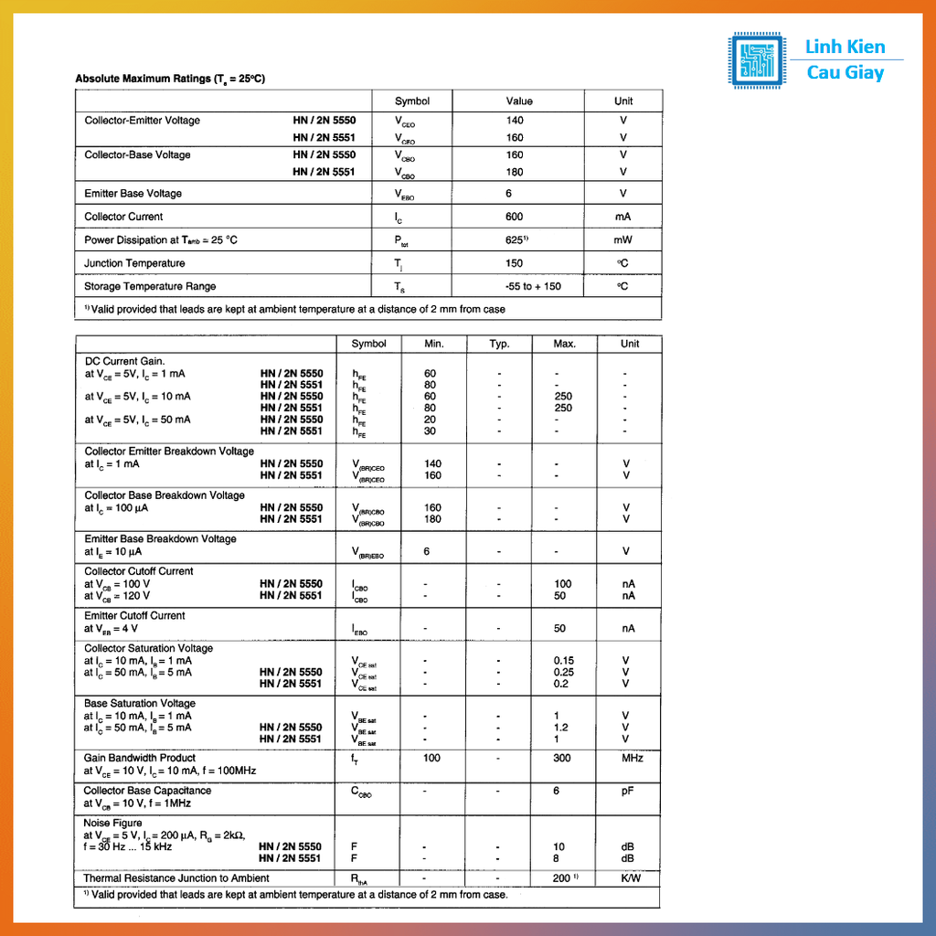Linh kiện 2N5551 NPN DIP TO-92 (Gói 10c)