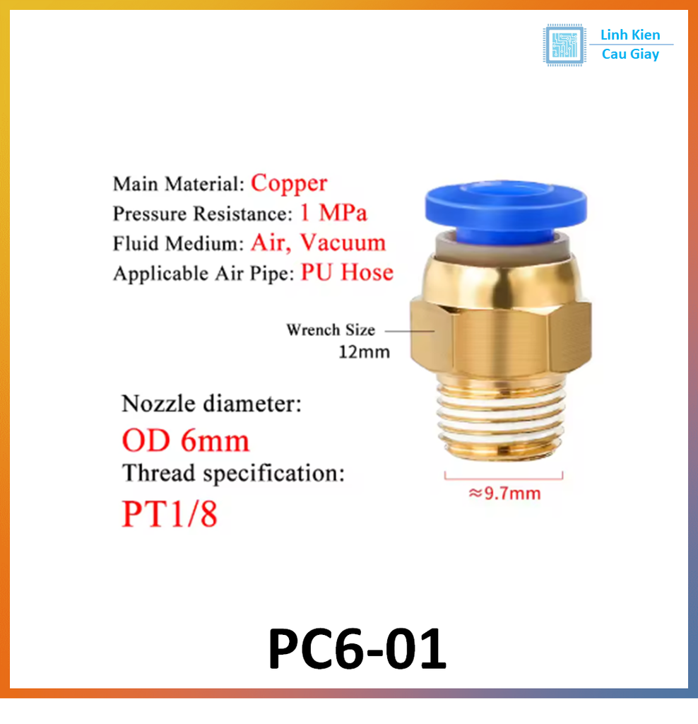 Đầu nối hơi nhanh ống Phi 6 (PC6) bằng đồng