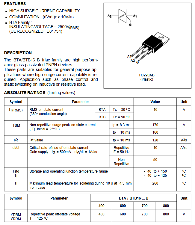 Linh kiện Triac BTA16-600B Chân cắm TO220