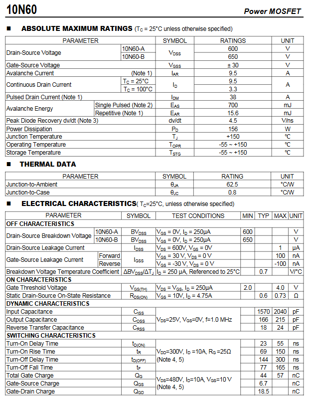 Linh kiện 10N60 DIP TO-220 600V kênh N
