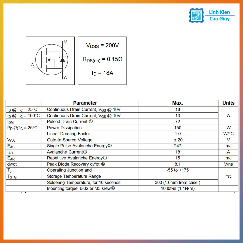 Linh kiện IRF640N TO-220 18A 200V kênh N