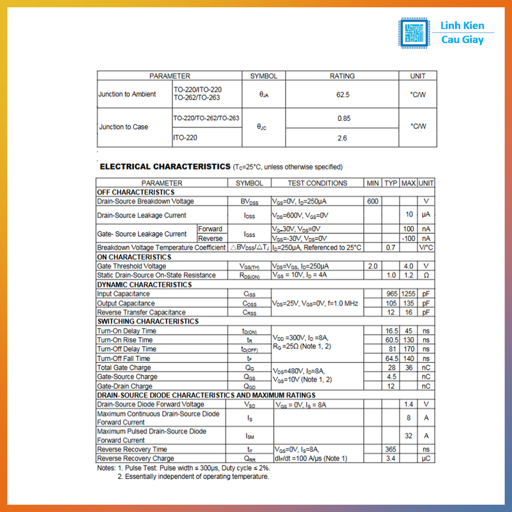 Linh kiện 8N60 TO-252 600V 8A kênh N