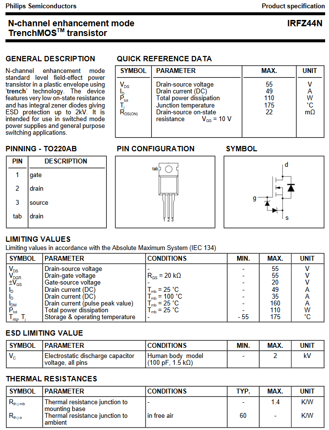 Linh kiện IRFZ44 DIP TO-220 kênh N