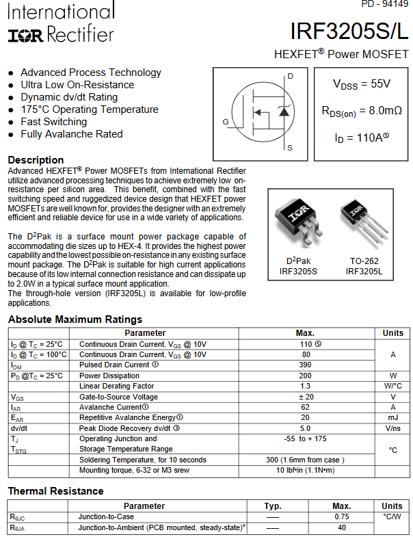 Linh kiện IRF3205S SMD TO-263 55V 110A kênh N