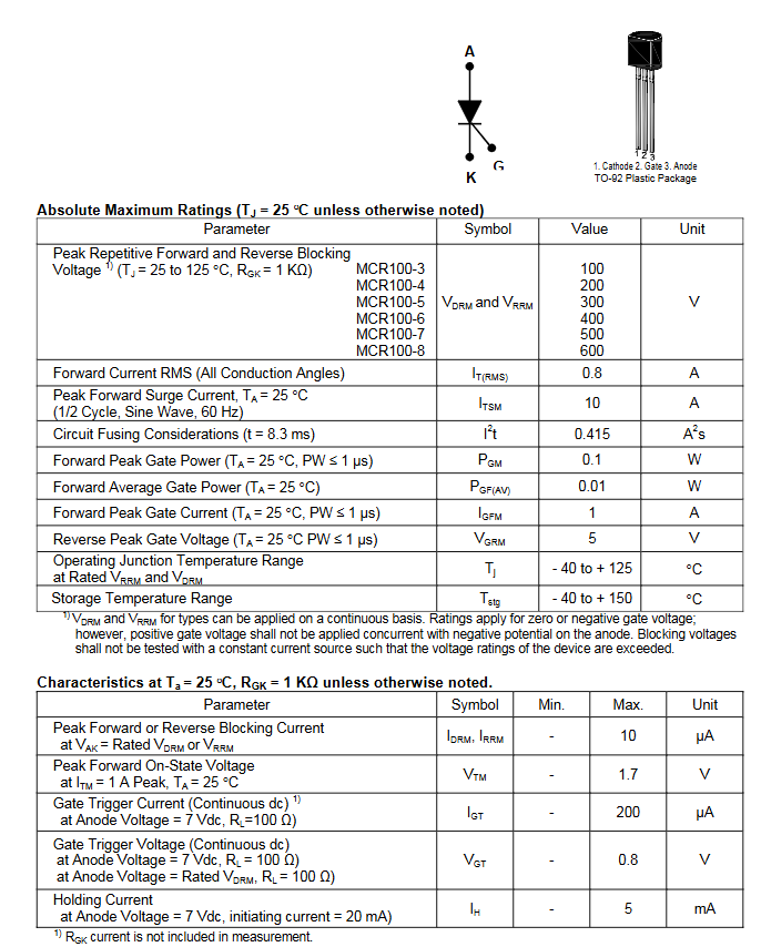 Linh kiện Thyristor MCR100-8 Chân cắm TO92 (SL: 5 chiếc)