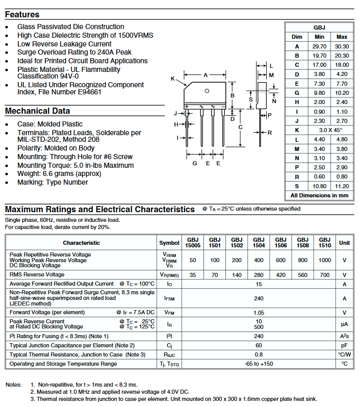 Linh kiện Diode Cầu GBJ1508 (15A 800V)