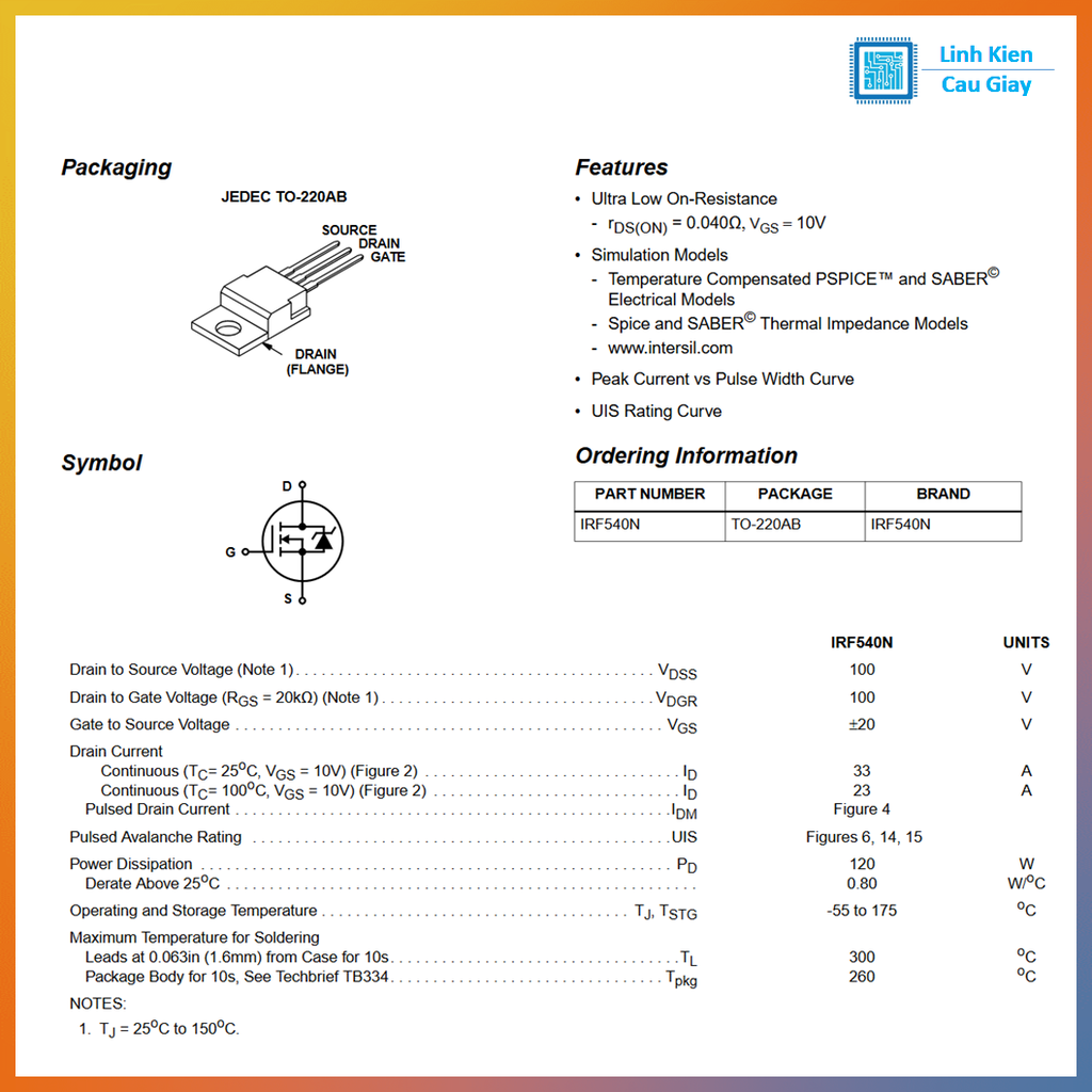 Linh kiện IRF540N TO-220 100V 33A kênh N