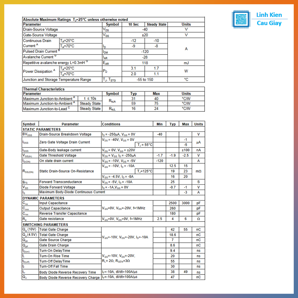 Linh kiện Mosfet AO4485 Chân dán SOP-8