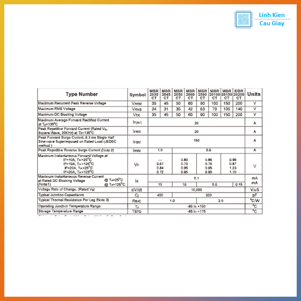 Linh kiện Diode Schottky MBR20200 20A 200V TO-220F