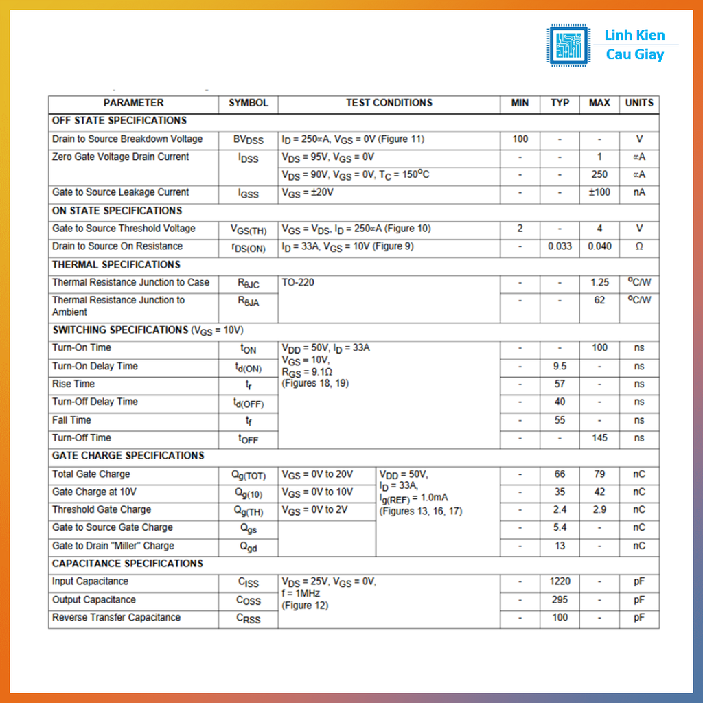 Linh kiện IRF540N TO-220 100V 33A kênh N