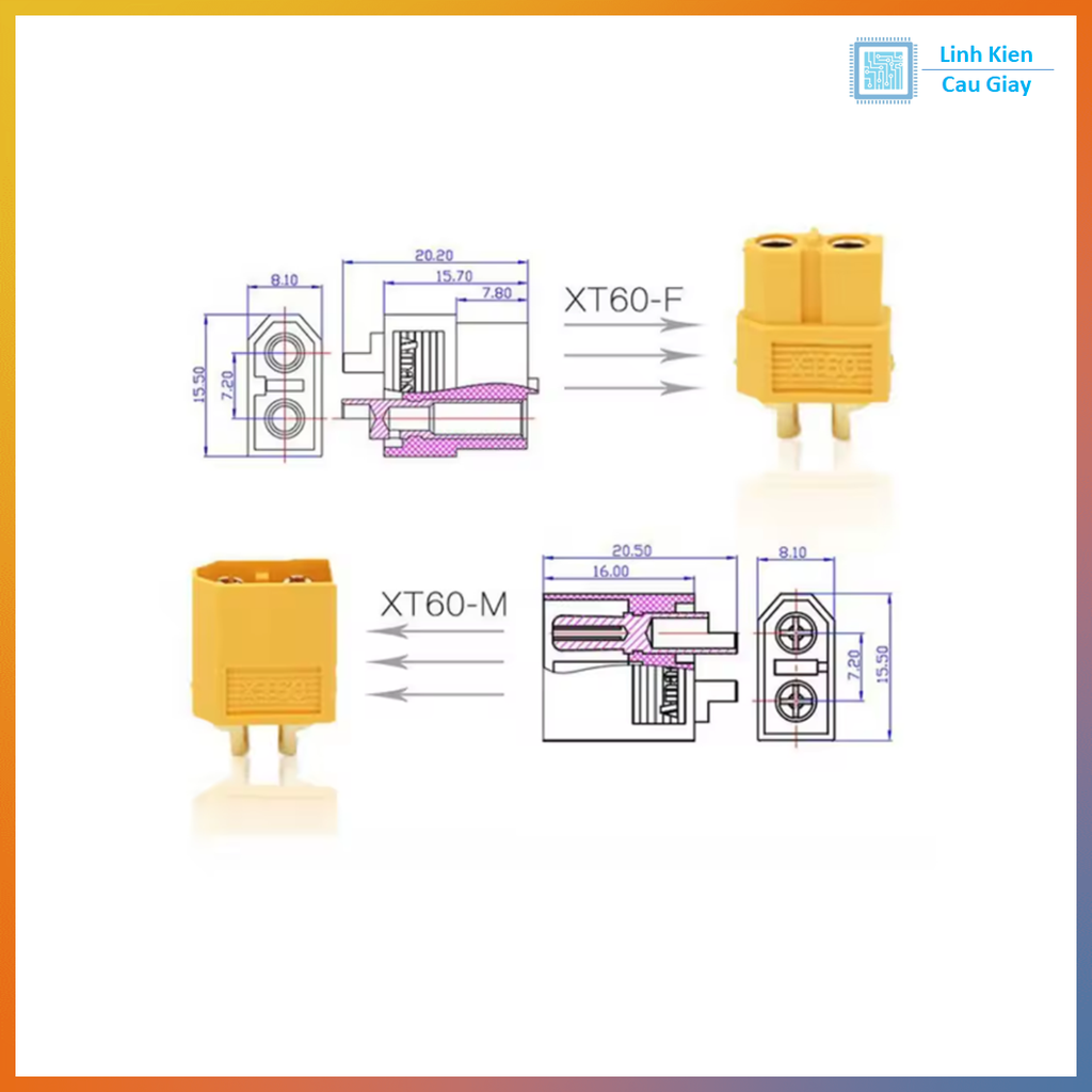 Jack cắm XT60 mạ vàng, Jack Đực Male, Jack Cái Female