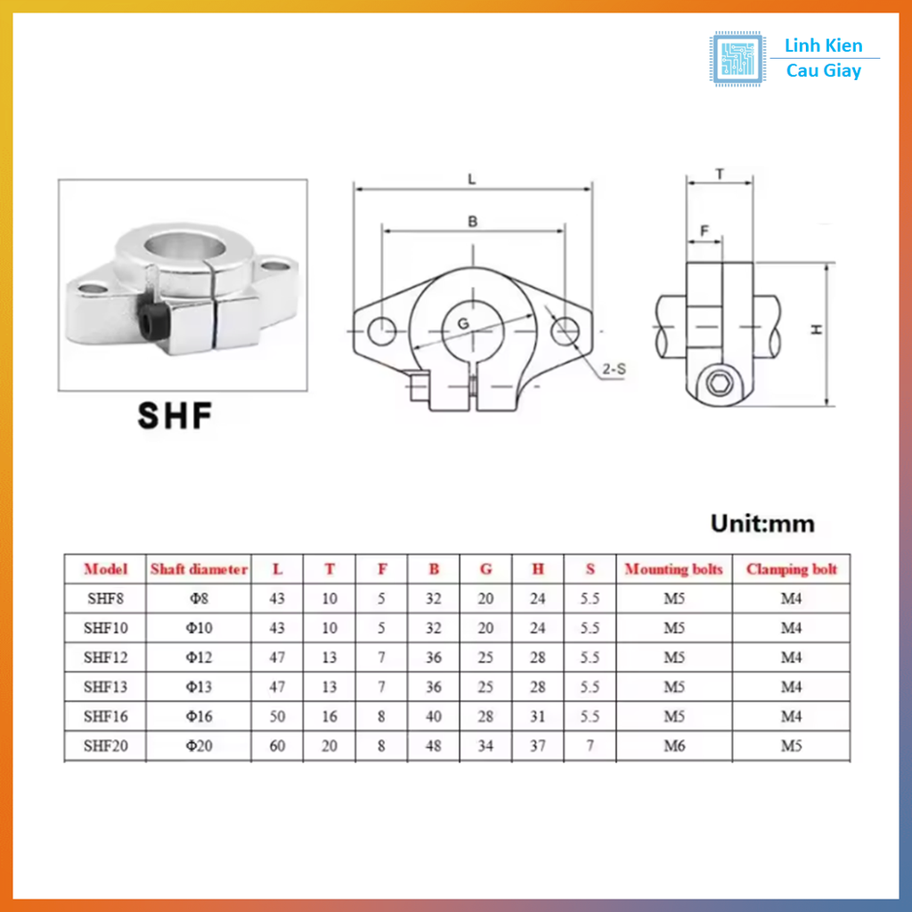 Kẹp trục ngang, Gối đỡ ti trượt tròn ngang SHF8, SHF10, SHF12, SHF16, SHF20