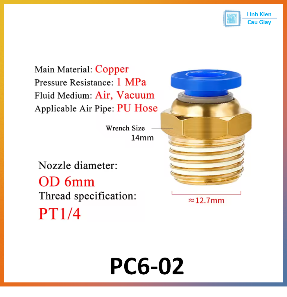Đầu nối hơi nhanh ống Phi 6 (PC6) bằng đồng