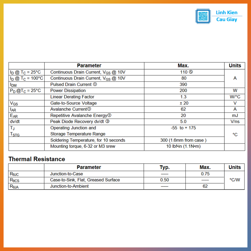 Linh kiện IRF3205 TO-220 110A 55V kênh N