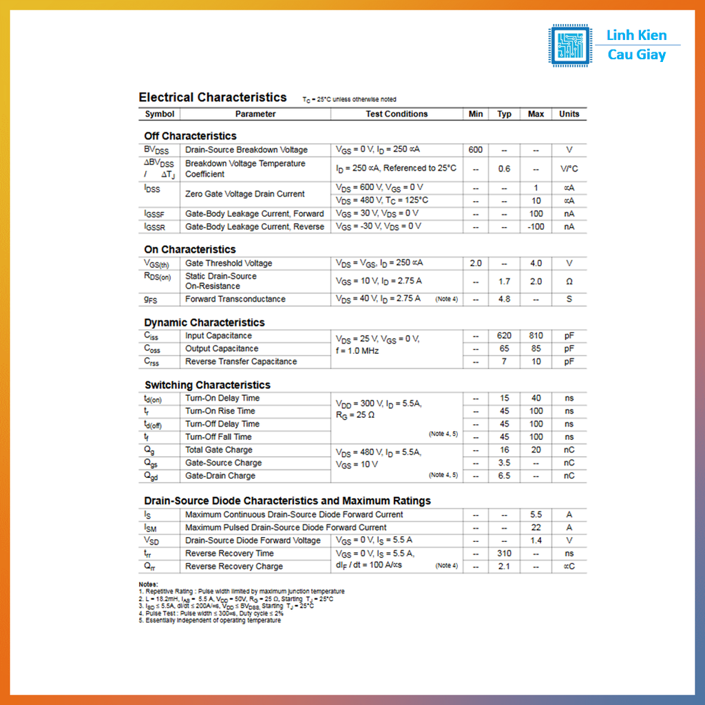 Linh kiện 6N60C DIP TO-220 600V kênh N