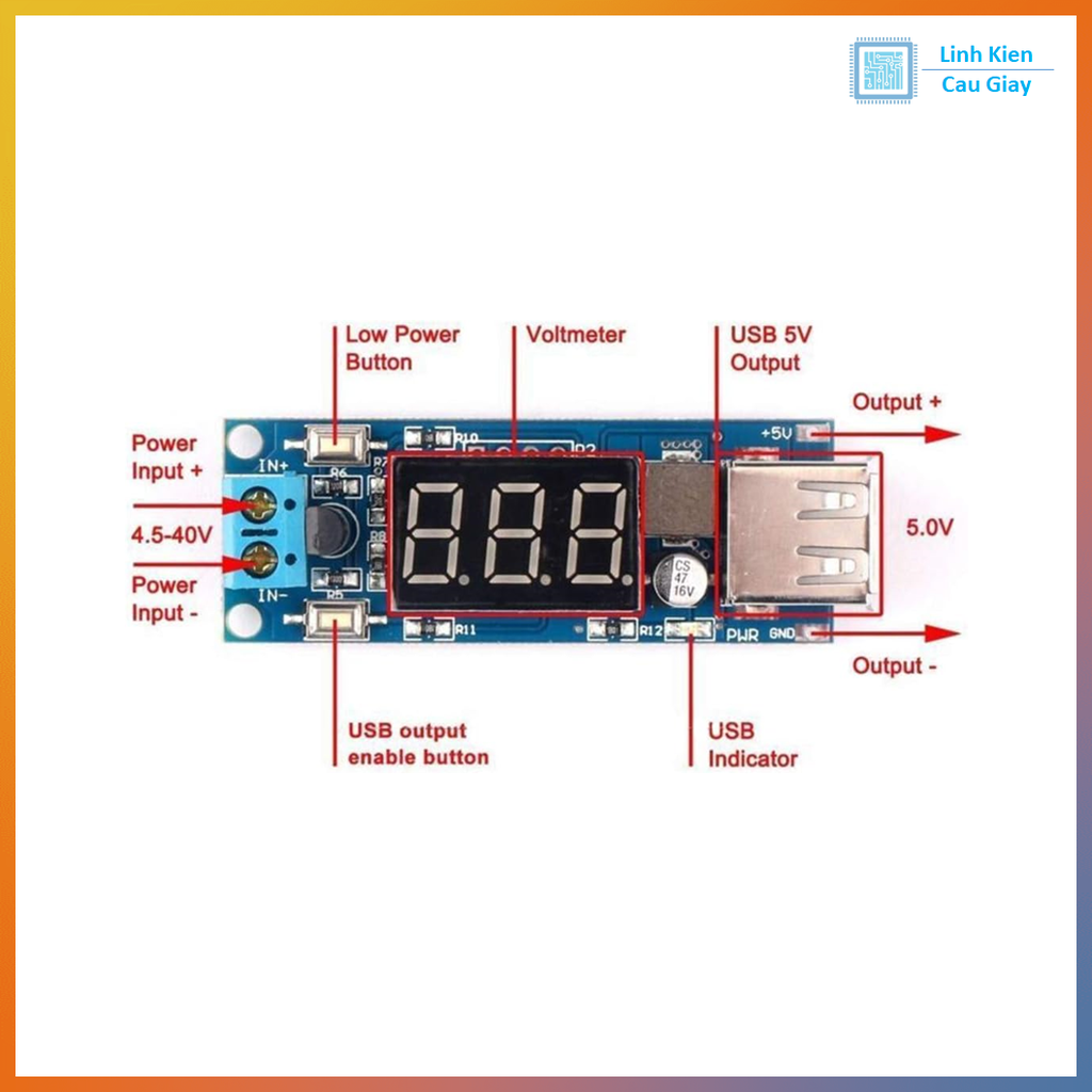Mạch Hạ Áp Buck 4.55-15V Xuống 5V 2A Cổng USB Sạc Điện Thoại