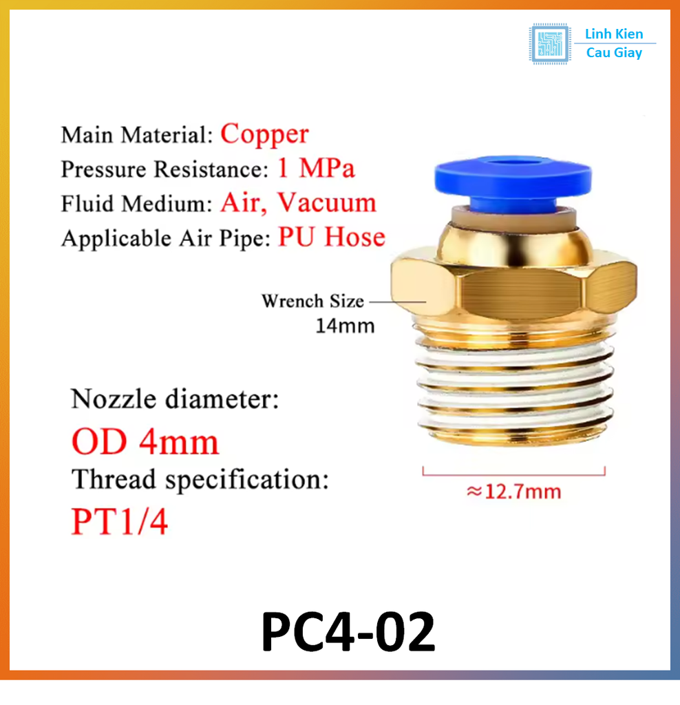 Đầu nối hơi nhanh ống Phi 4 PC4 bằng đồng