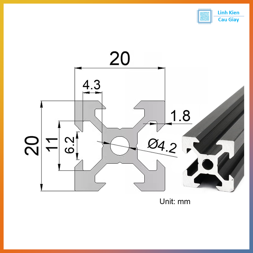 Nhôm định hình V Slot 2020 Anot đen (Giá 1m)