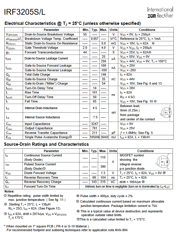 Linh kiện IRF3205S SMD TO-263 55V 110A kênh N