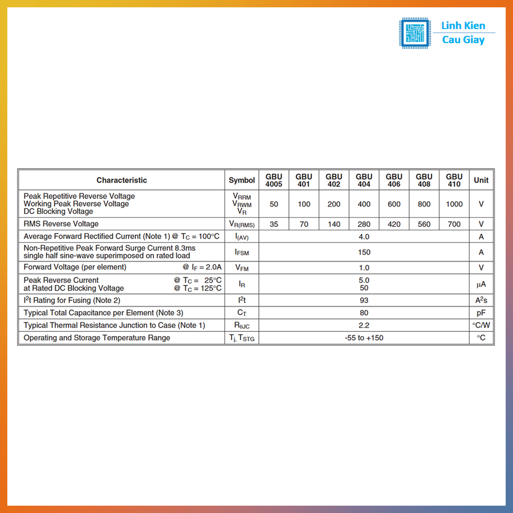 Linh kiện Diode Cầu GBU408 (4A 800V)