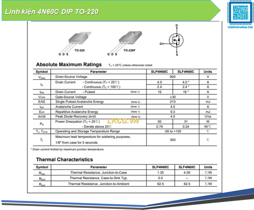 Linh kiện 4N60C DIP TO-220