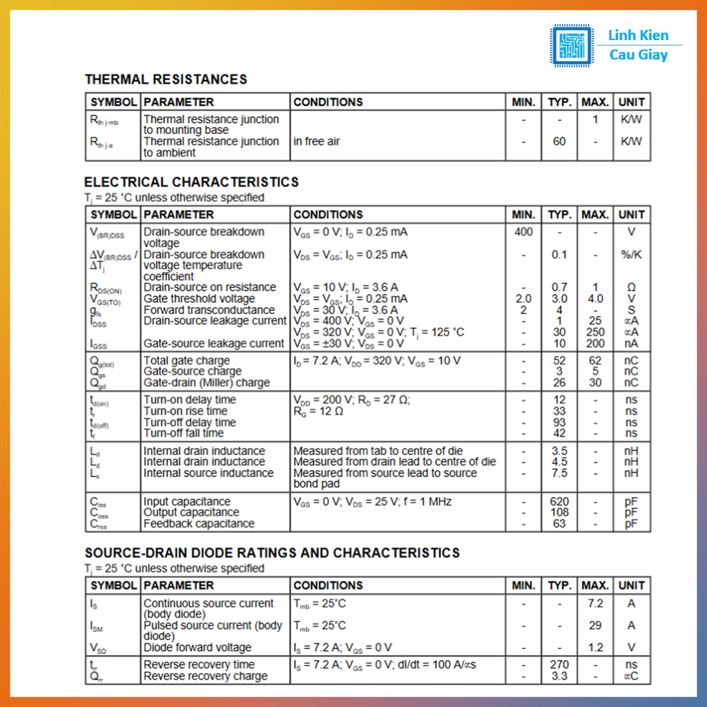 Linh kiện IRF730 TO-220 400V 5.5A kênh N