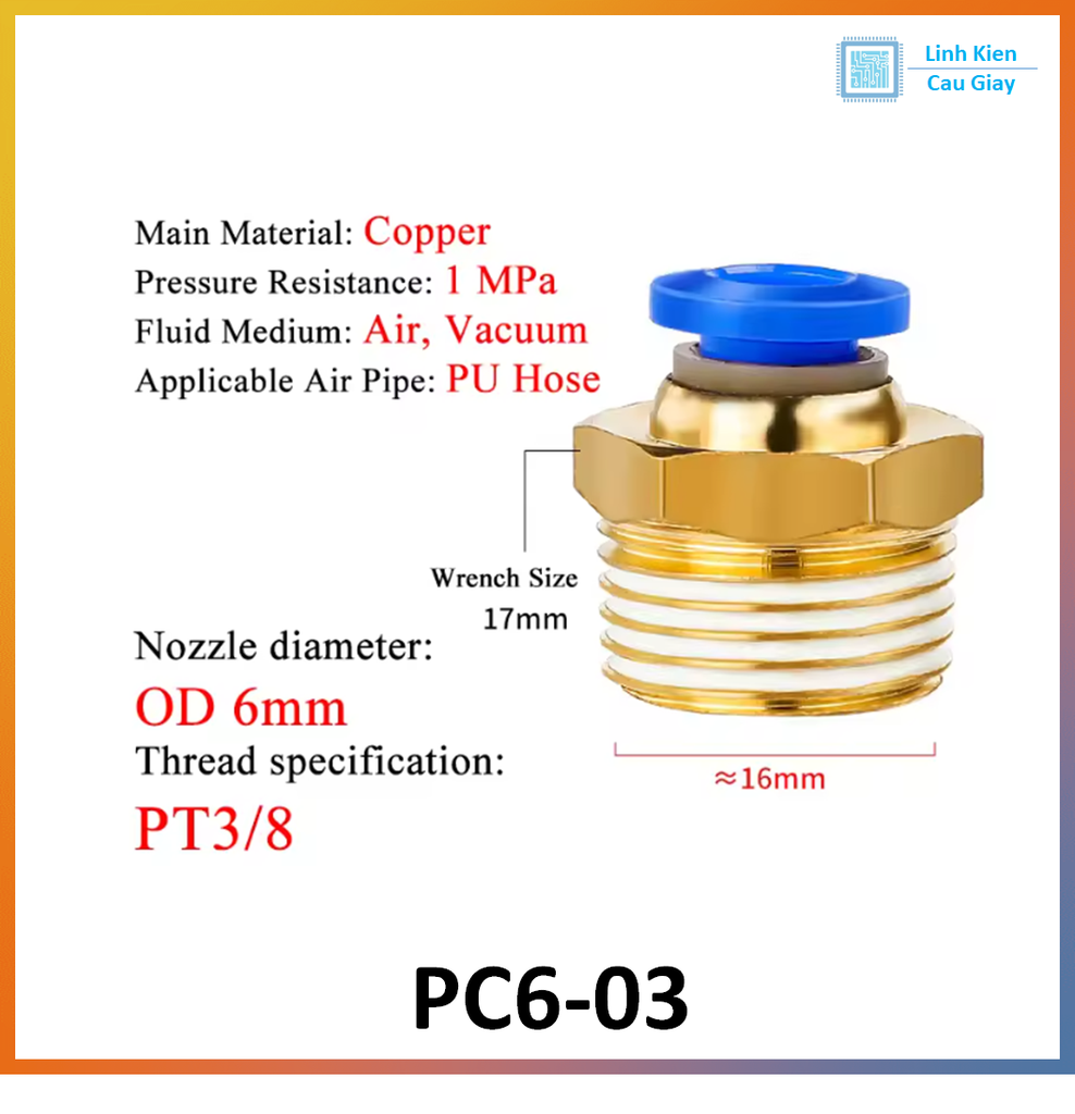 Đầu nối hơi nhanh ống Phi 6 (PC6) bằng đồng