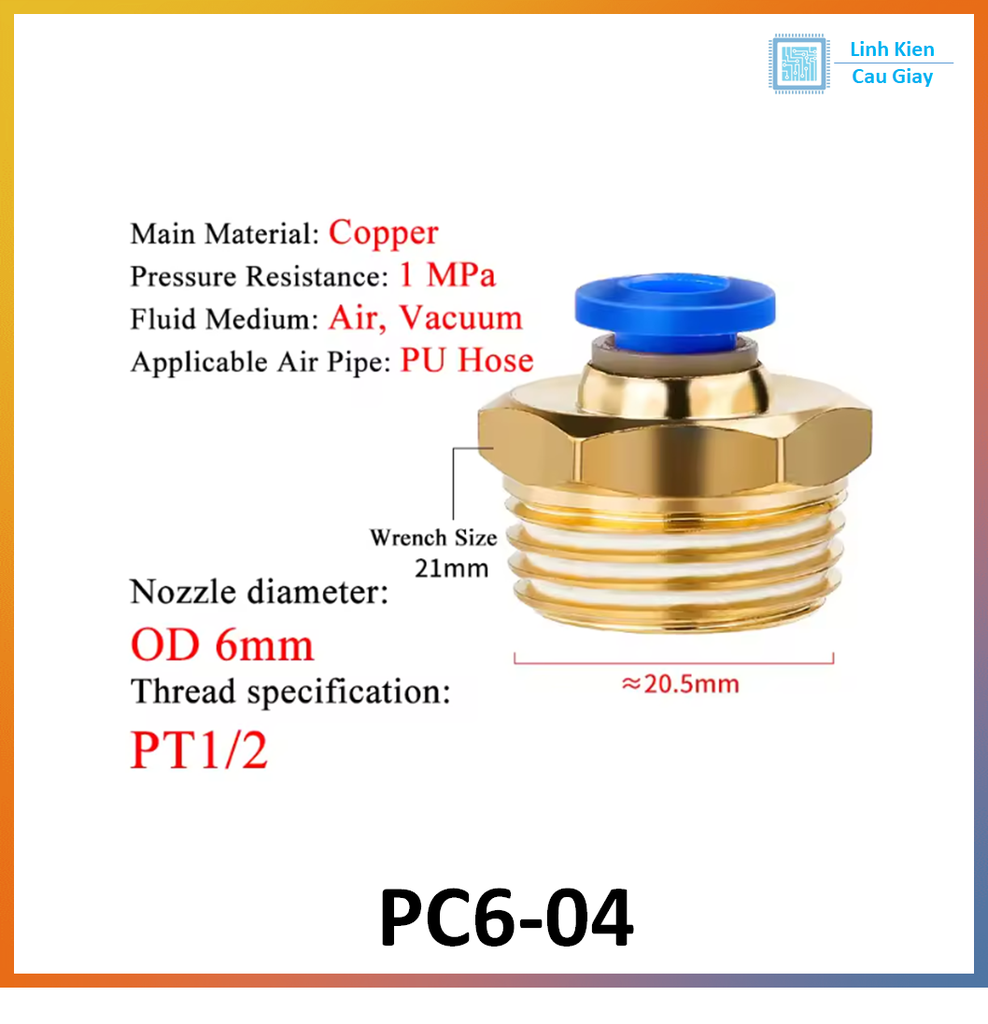 Đầu nối hơi nhanh ống Phi 6 (PC6) bằng đồng