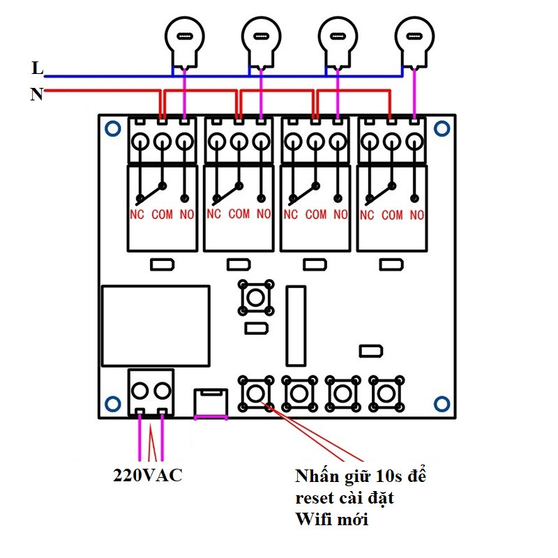 Bộ điều khiển thiết bị qua wifi 4 kênh (4 thiết bị 220)