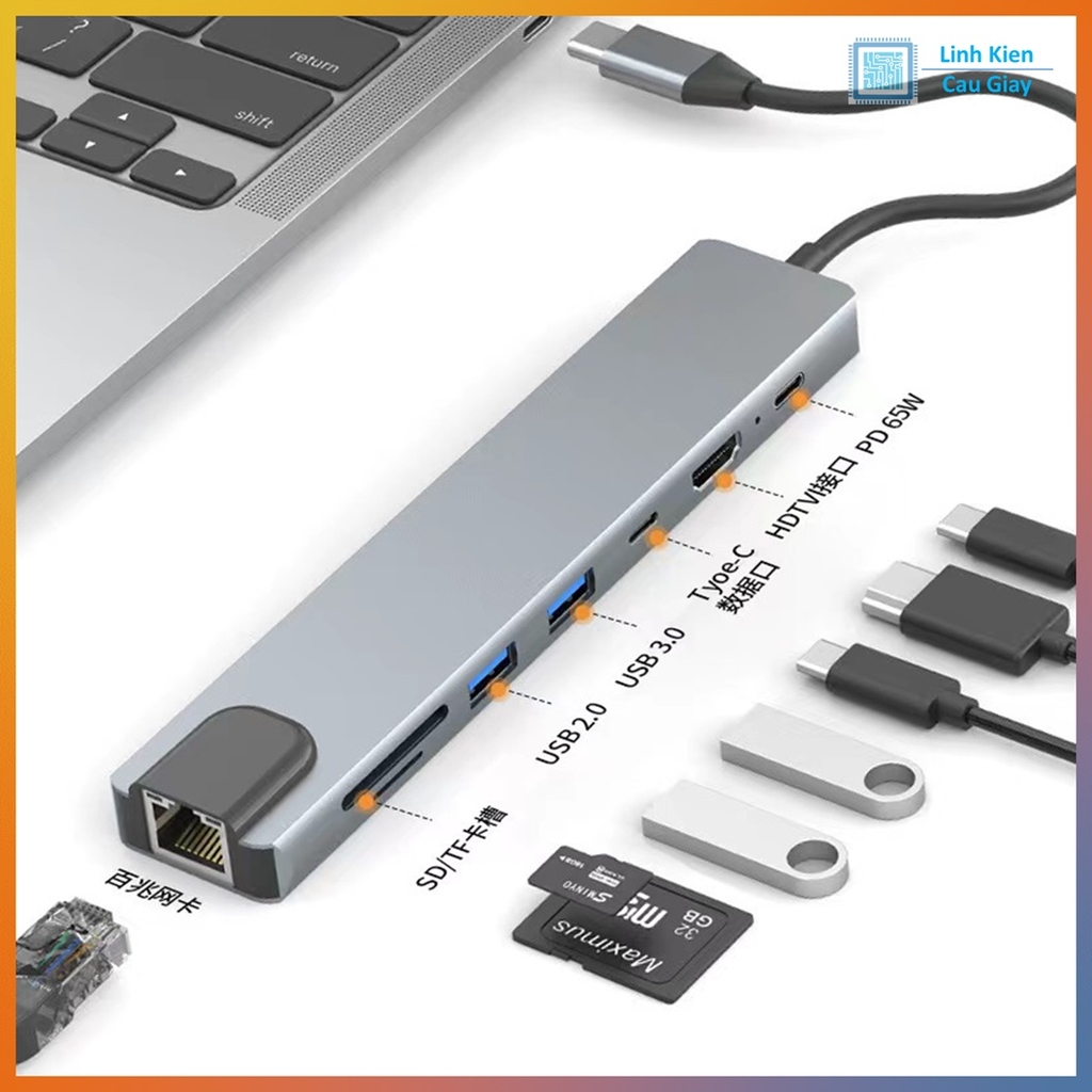 Hub mở rộng Type-C đa năng 8 trong 1 HDMI, USB 3.0, PD 65W, Micro SD, LAN
