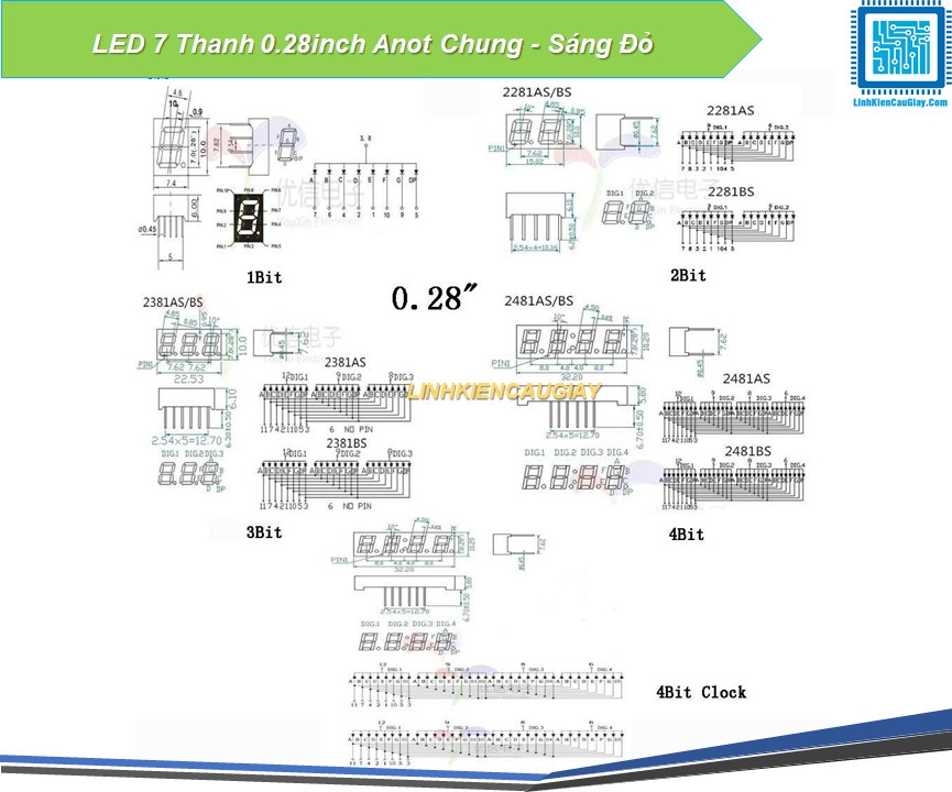 LED 7 Thanh 0.28inch Anot Chung - Sáng Đỏ