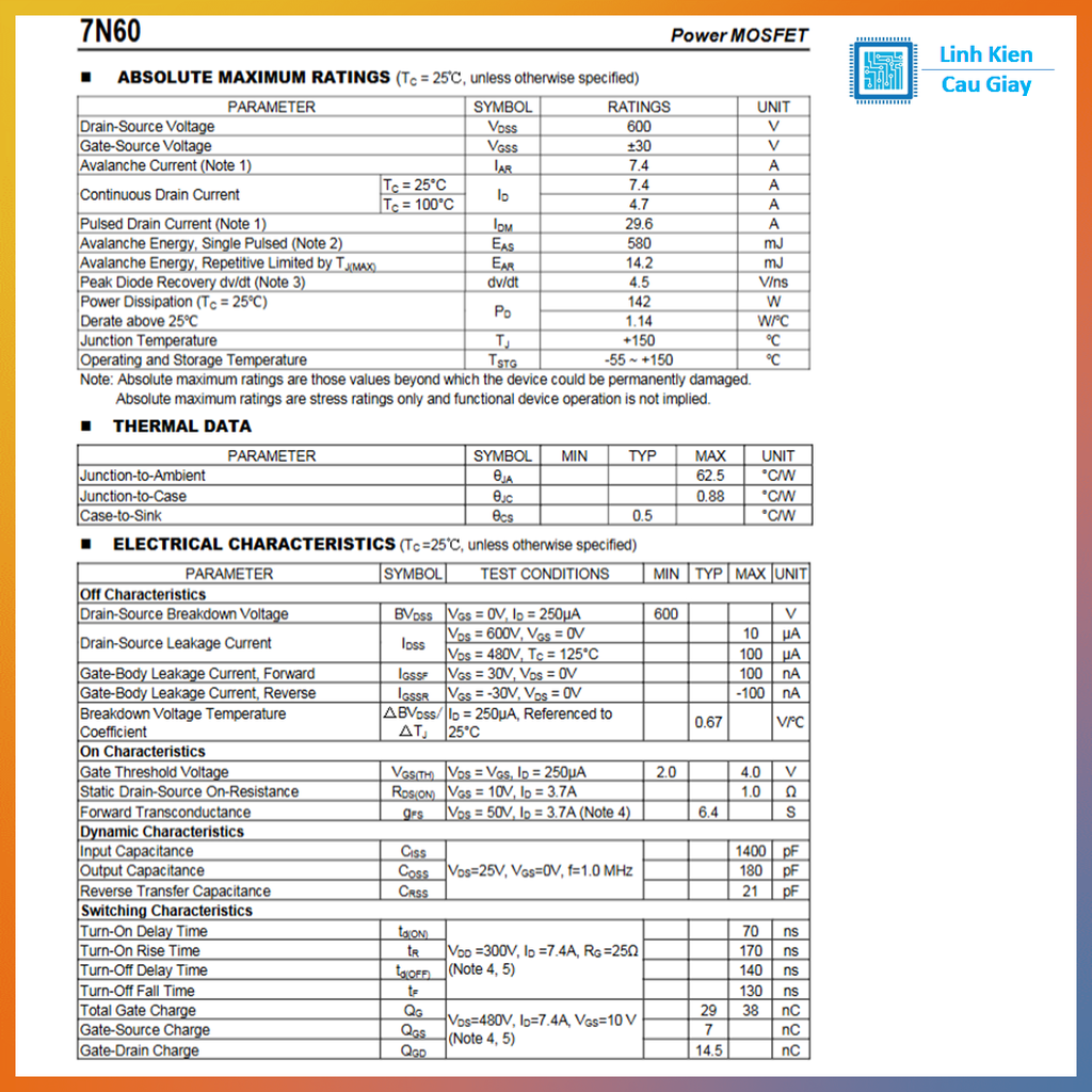 Linh kiện 7N60 DIP TO-220 600V kênh N