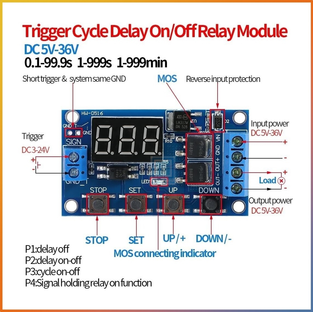 Module Mosfet tạo trễ đóng ngắt theo chu kì hiển thị LED HW-516