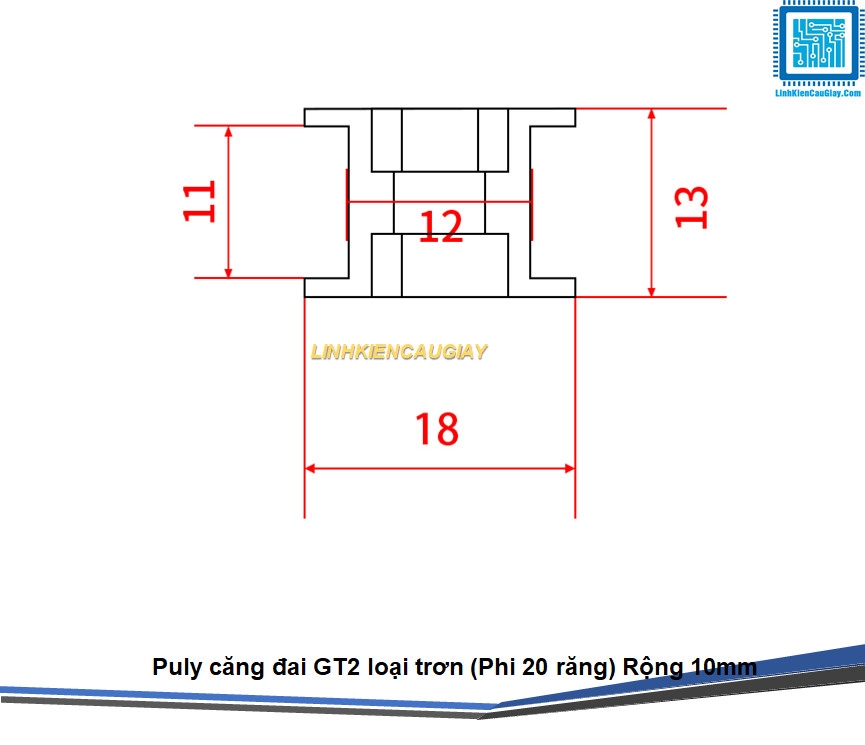 Puly căng đai GT2 loại trơn (Phi 20 răng) Rộng 10mm Trục 5mm