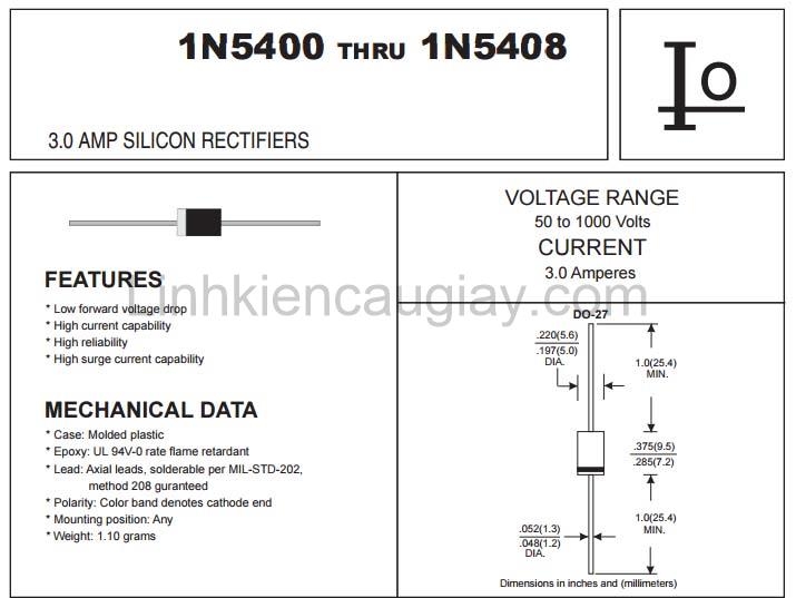 Diode chỉnh lưu 1N5408 3A 1000V DIP DO-210AD