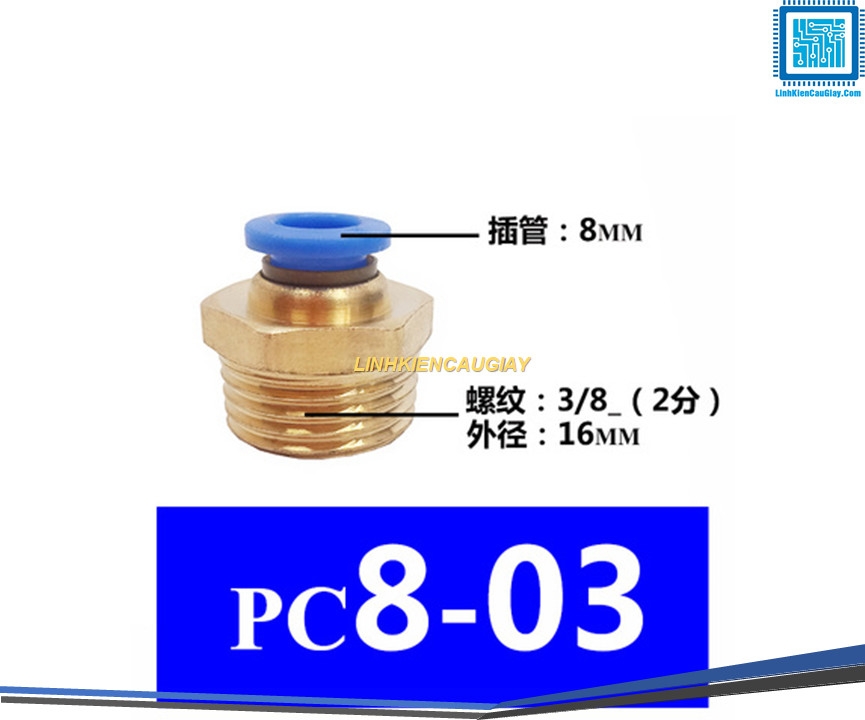 Đầu nối hơi nhanh ống Phi 8 (PC8) bằng đồng