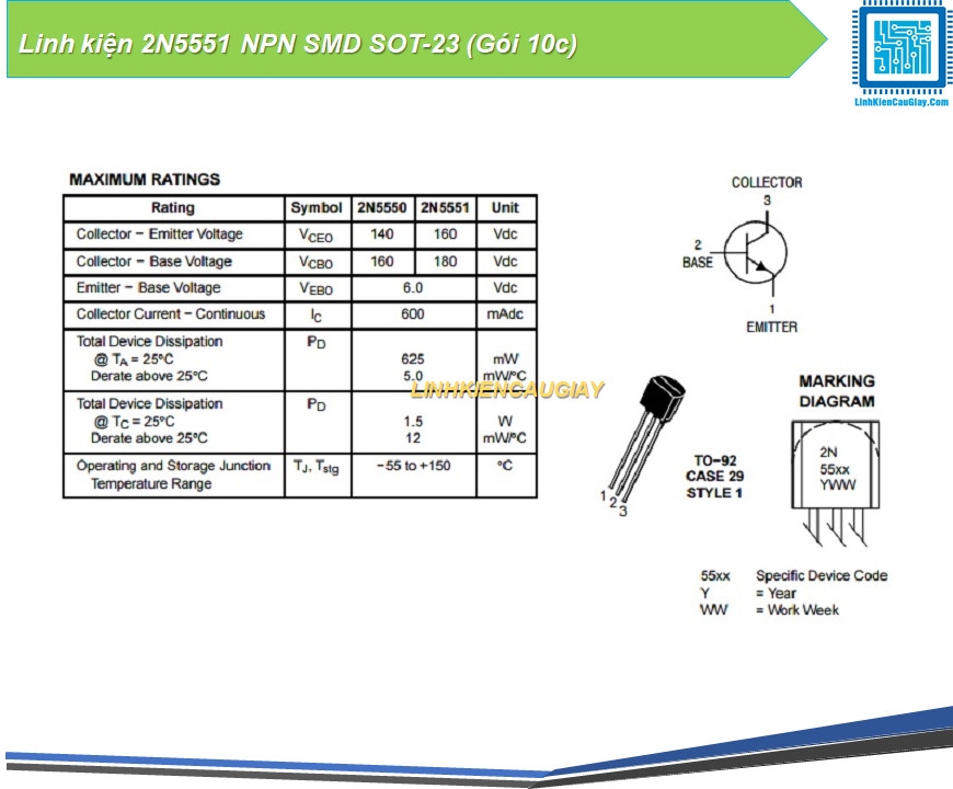 Linh kiện 2N5551 NPN DIP TO-92 (Gói 10c)