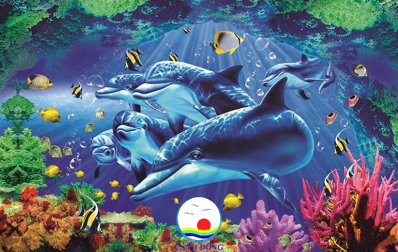 Decal tường phong cảnh biển đại dương xanh đàn cá heo xinh trang trí phòng  ấn