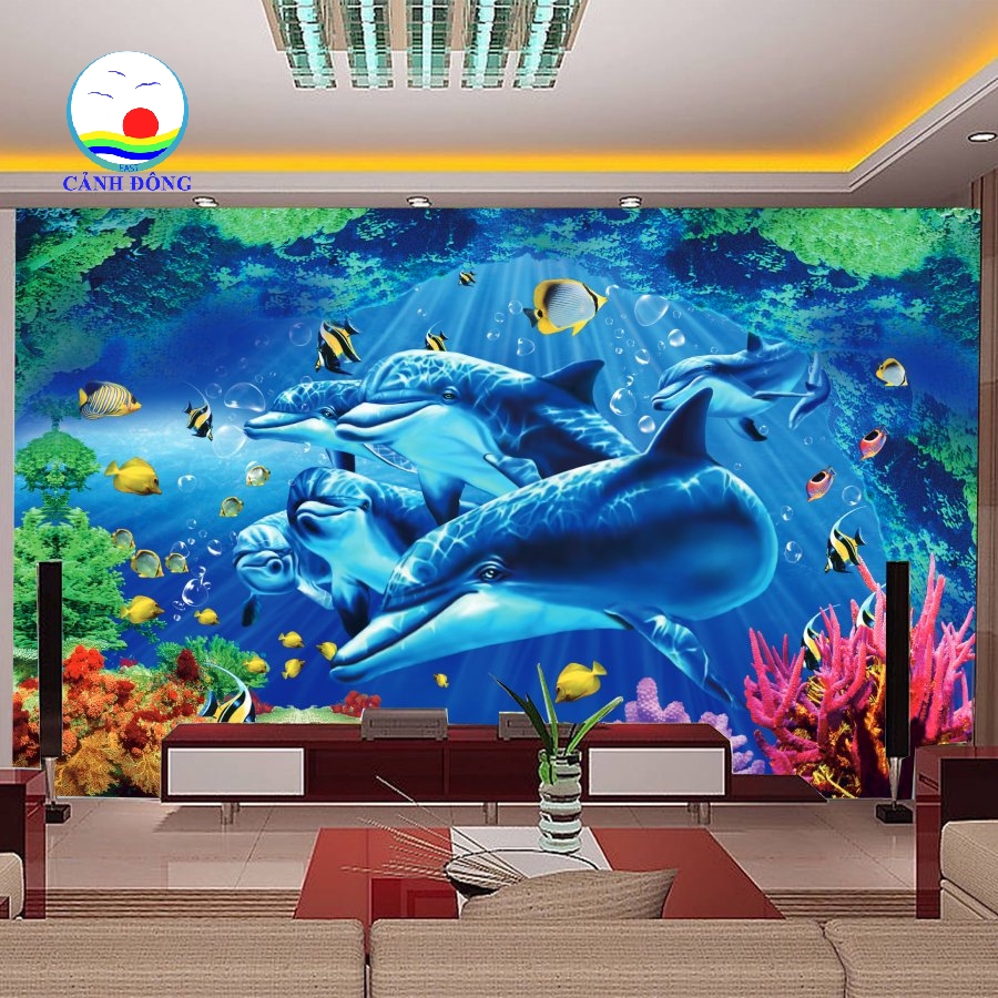 Decal tường phong cảnh biển đại dương xanh đàn cá heo xinh trang ...