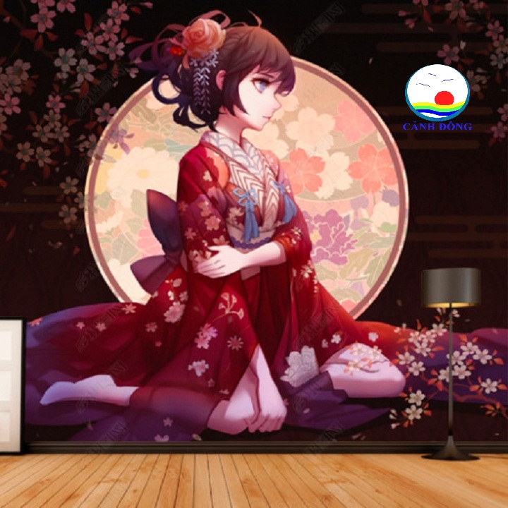 Giấy dán tường 3D phong cách Nhật Bản hình ảnh cô gái Anime mặc Kimono dễ