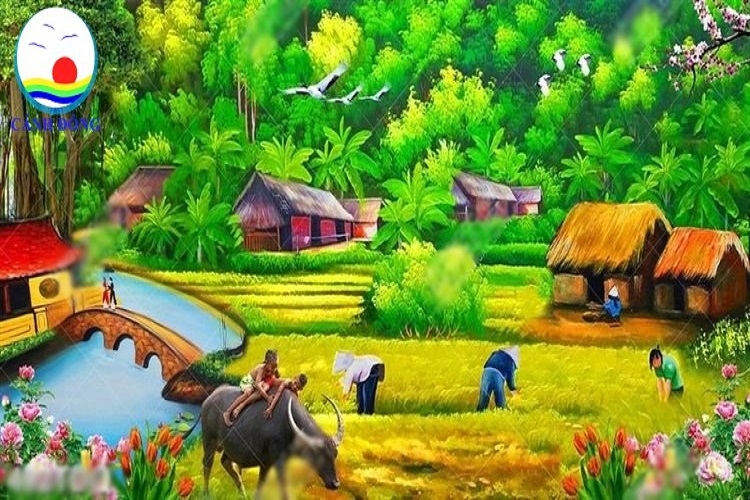 Tranh phong cảnh làng quê Việt Nam yên bình trang trí quán, nhà hàng, phòng  xinh