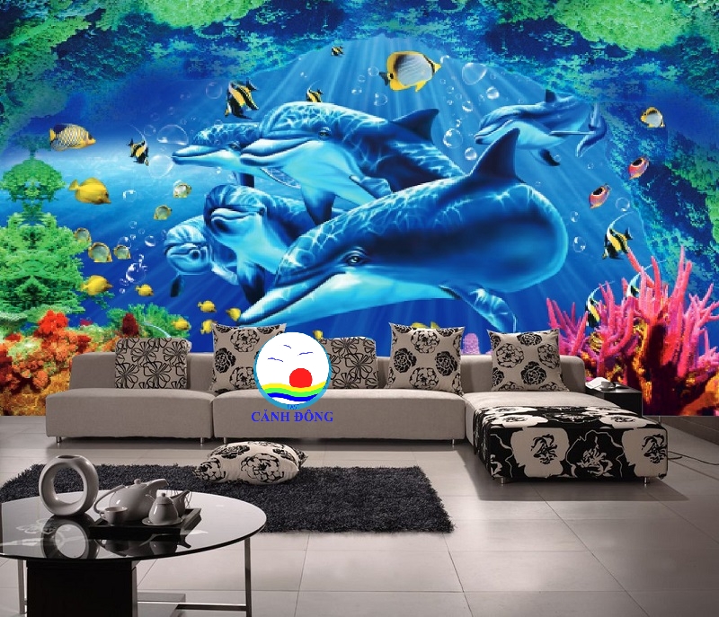 Decal tường phong cảnh biển đại dương xanh đàn cá heo xinh trang trí phòng  ấn