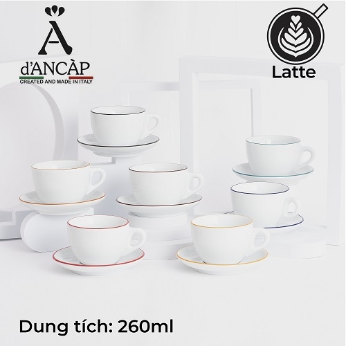 Bộ đĩa và ly sứ Ancap Latte 260ml cà phê vẽ tay lên viền