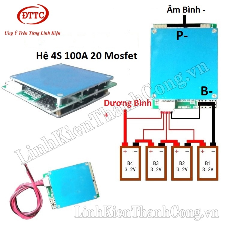 Mạch Bảo Vệ BMS Cho Pin Sắt LiFePO4 3.2V 4S 100A - Hệ 4 Cell Nối Tiếp (Sạc Xả Chung Cổng)