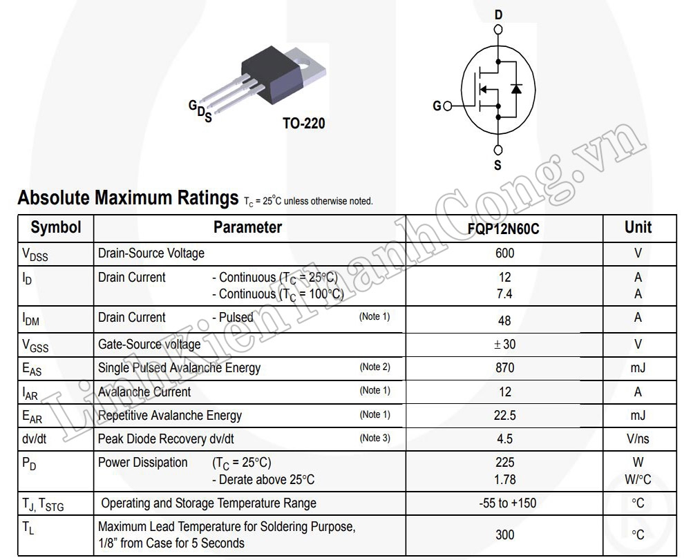 12N60 MOSFET N-CH 12A 600V TO220F (Tháo Máy)
